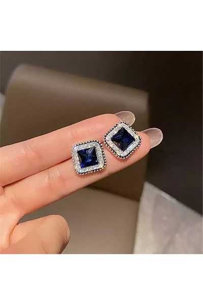 Pelin Aksesuar Dark Blue Crystal Square Earrings