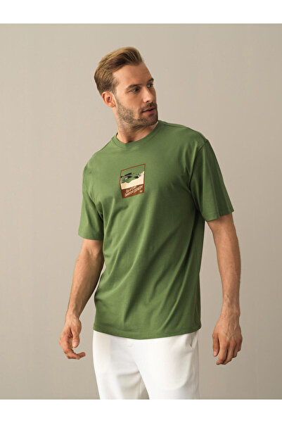 Xint Erkek Yeşil Pamuk Dokulu Oversize Baskılı Tişört