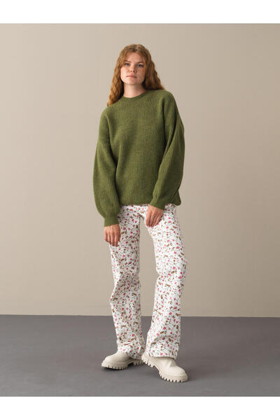 Xint Kadın Yeşil Bisiklet Yaka Oversize Kazak