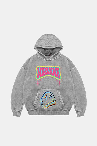 Sekizbiraltı Nirvana Smile Printed Oversize Unisex Πλενόμενο λευκό κουκούλα