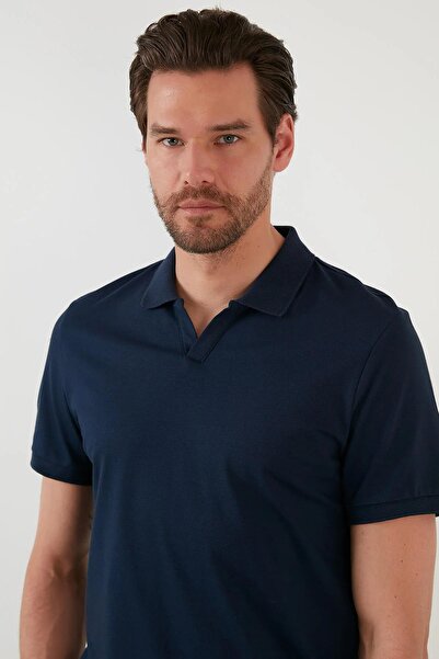 JSCO Organic Cotton V-Neck Detailed Men's Polo Neck T-Shirt Navy