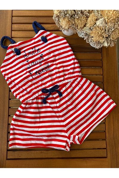 Baby Aden Striped Embroidered Text Marine Knitted Strap Baby Girl Jumpsuit 2 Years / 4 Years / 5 Years / 7 Years