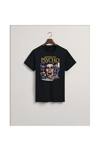 MarkaTurko Tricou cu design special din bumbac pieptănat din bumbac negru cu imprimeu American Psycho 105