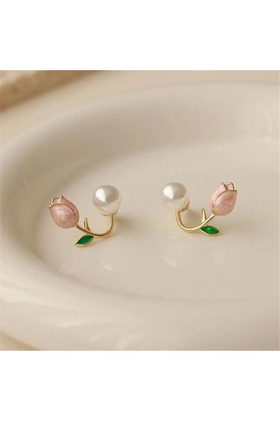 Pelin Aksesuar Pink Tulip Pearl Earring Set