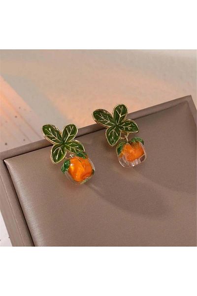 Pelin Aksesuar Green Leaf - Orange Ball Bead Earrings