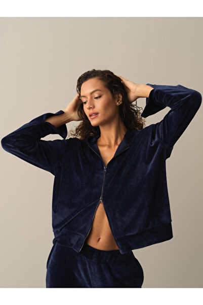 Xint Kadın Lacivert Regular Fit Vatkali Kadife Sweatshirt