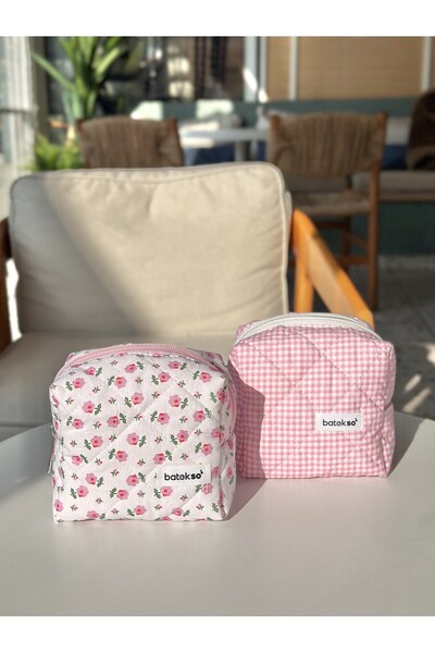 Batekso Pachet de 2 geanți de machiaj cu model mic roz și pătrat roz - dimens...