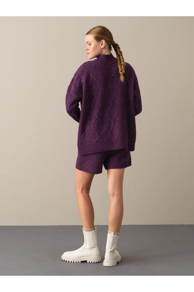 Xint Kadın Mor Dik Yaka Oversize Kazak