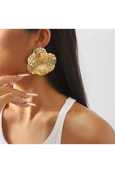 Pelin Aksesuar Gold Large Layered Plate Flower Earrings