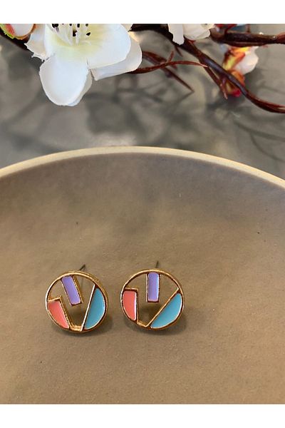 Pelin Aksesuar Lilac Blue Pink Geometric Circle Earrings