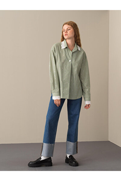 Xint Kadın Yeşil Pamuk Dokulu Oversize Çizgili Gömlek