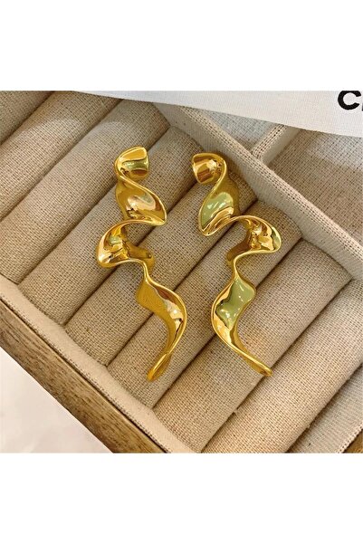 Pelin Aksesuar Gold Uzun Kıvrımlı Küpe