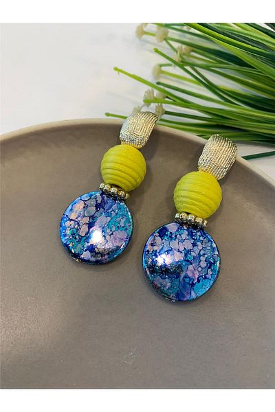 Pelin Aksesuar Blue Yellow Beaded Long Design Earrings