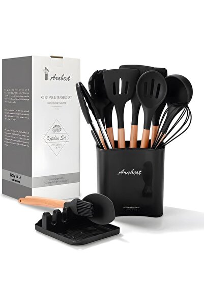 Arabest 13-Piece Silicone Cooking Utensil Set with Wooden Handles & Storage Bucket (Black)