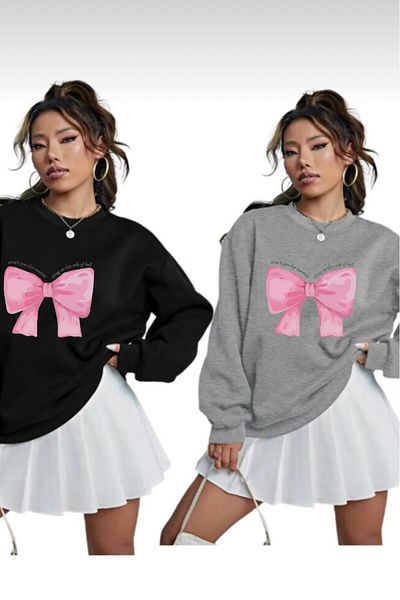 NO 601 Sweat de iarnă fără glugă, 2 piese, negru-grimalance, cu panglică, imprimat