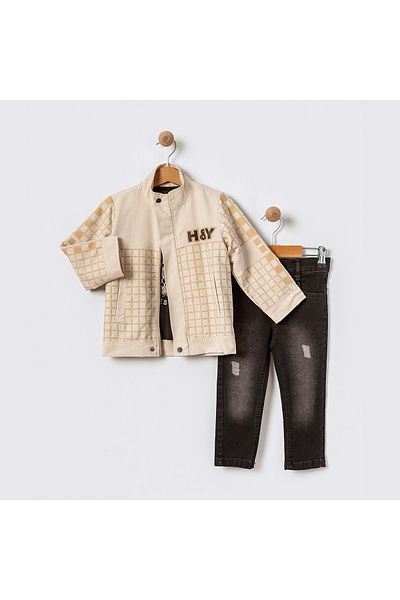 tipycix kids wear Cotton Woven Jacket Jeans Pants Combed Cotton T-Shirt 3 Piece Set