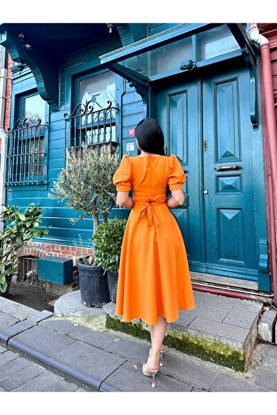 KÜÇÜĞÜM BUTİK Orange Watermelon Sleeve Midi Length Flared Crepe Dress