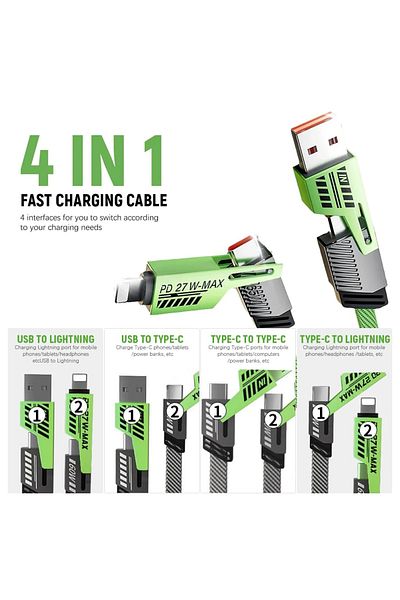 Etiget 4in1 Pd 65 Watt Android Type-C 27 Watt iPhone Rope Braided Unbreakable End 1.5Mt
