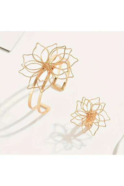 SE Jewellery Gold Büyük Çiçek Motifli Kelepçe Yüzük Set