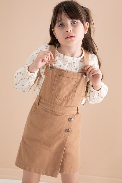 Cansın Mini Coffee Floral Print Blouse and Salopet Dress Set for Girl - 20162