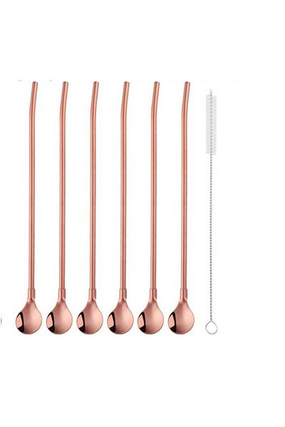 Elista Metal Spoon Set with 6 Straws - Bronze, Simple Model, Cleaning Brush Included