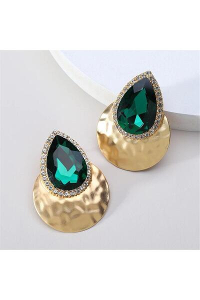 Pelin Aksesuar Yeşil Damla Taşlı Gold Plakalı Abiye Küpe