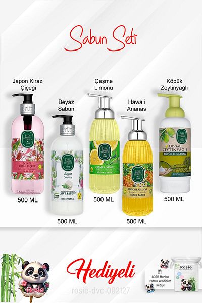 Eyüp Sabri Tuncer 500ml Soap Pack - Fountain Lemon, Japanese Cherry Blossom, White Soap, Hawaiian Pineapple, Olive Oil and Rosie