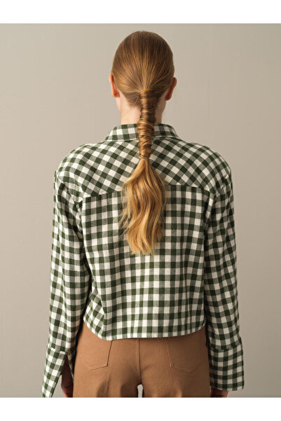 Xint Kadın Yeşil Pamuk Dokulu Oversize Ekose Gömlek