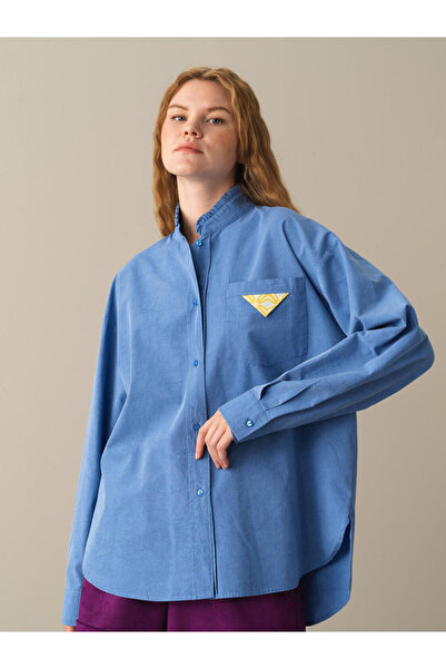 Xint Kadın Mavi Pamuk Dokulu Hakim Yaka Oversize Gömlek