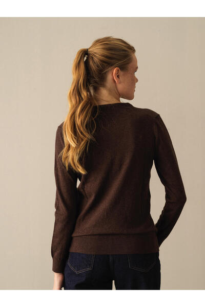 Xint Kadın Kahve-melanj V Yaka %100 Pamuk Regular Fit Basic Kazak