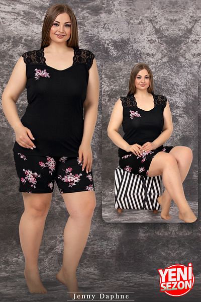 Jenny Daphne Plus Size Floral Print Pajamas Set with Lace Shoulder and Zero Sleeves Shorts - 10359