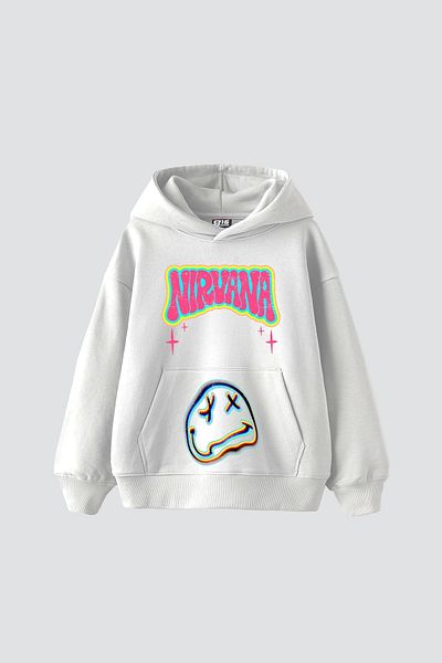 Sekizbiraltı Λευκό φούτερ με στάμπα Nirvana Smile Oversize Unisex