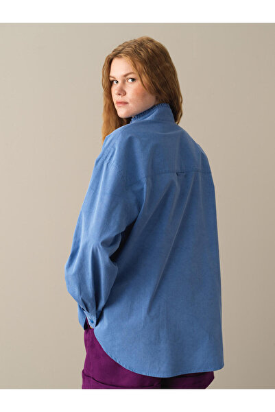 Xint Kadın Mavi Pamuk Dokulu Hakim Yaka Oversize Gömlek