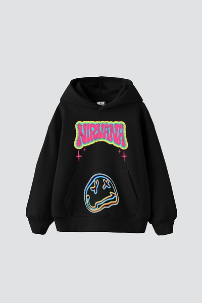 Bak Moda Nirvana Smile Štampano Oversize kroj Unisex crna majica sa kapuljačom