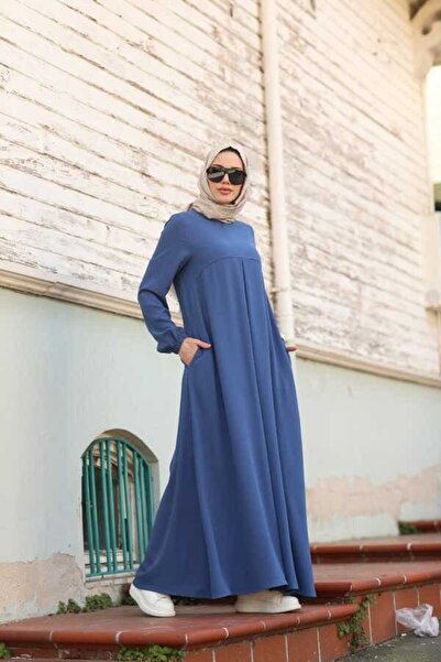 Neways 6482-ÖN TEK PİLELİ  KREP ELBİSE İndigo
