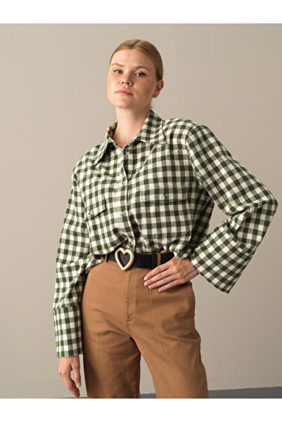 Xint Kadın Yeşil Pamuk Dokulu Oversize Ekose Gömlek