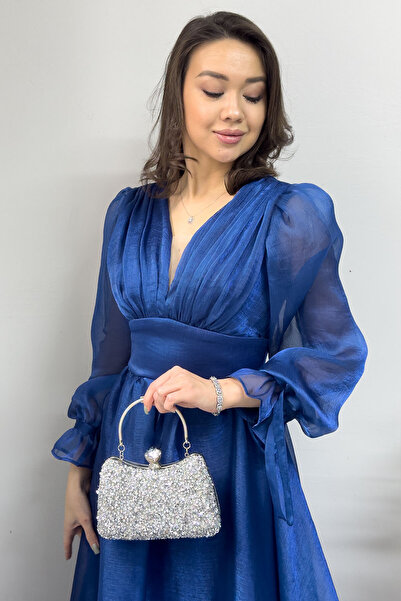 zks grup tekstil Verde smarald și albastru petrol - rochie de seară cu tiv asimetric, mâneci pepene și decolteu prințesă în V