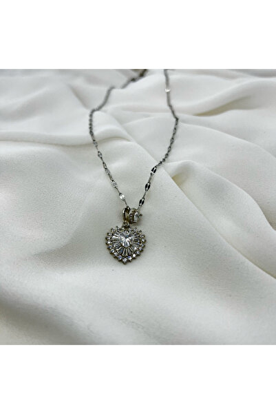 FM Bijuteri Women's Steel Necklace Baguette Stone Heart
