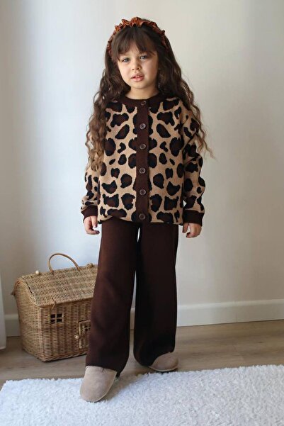 Minigimin Cicileri Mini's Flowers Knitwear Leopard Cardigan Girl's Set - Brown
