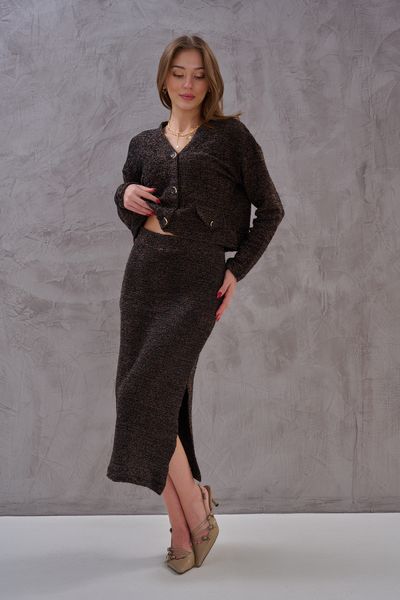 SHUGAA Women's Silvery Makaron Fabric Button Detailed Skirt Suit
