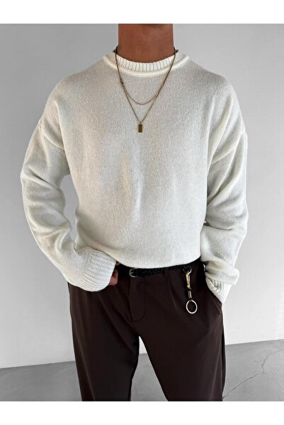 ablukaonline Men's Oversize Ecru Color Soft Textured Sweater