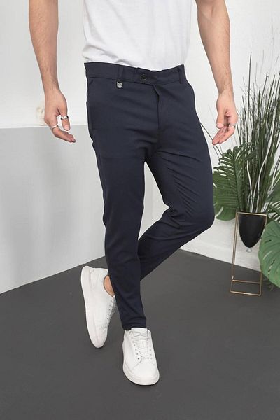 HBT Men's Navy Blue Slim Fit Lycra Ankle Length Italian Cut Fabric Trousers
