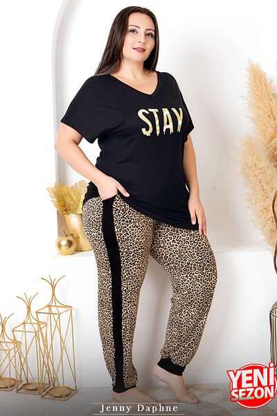 Jenny Daphne Lady Viscose Fabric Plus Size Leopard Print Printed Short-Sleeve Long Pajamas Set 10987