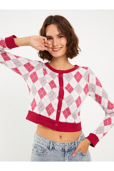 LC Waikiki Crew Neck Diamond Patterned Long Sleeve Women's Knitwear Cardigan