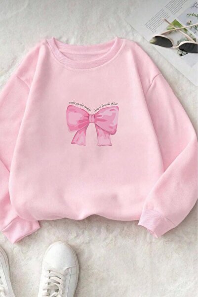 stg spor toptan giyim Дамска суитшърт с розова панделка и велосипеден деколте