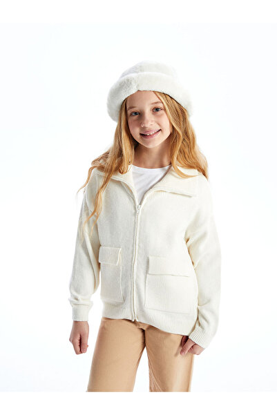 LC Waikiki Ecru Polo Neck Girls' Knit Cardigan