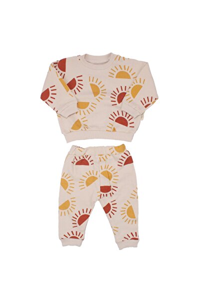 bebegen Erkek Bebek Ekru Waffle Kumaş Sarı Turuncu Güneş Desenli 2'li Takım