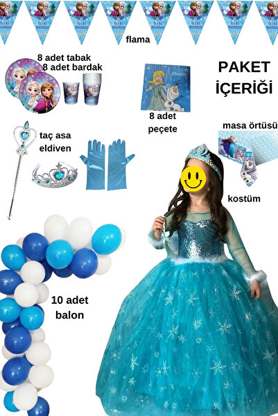 Parti Selesi Frozen Elsa Kostüm Karlar Ülkesi Kız Çocuk Kostümü Mavi Elsa Kız...