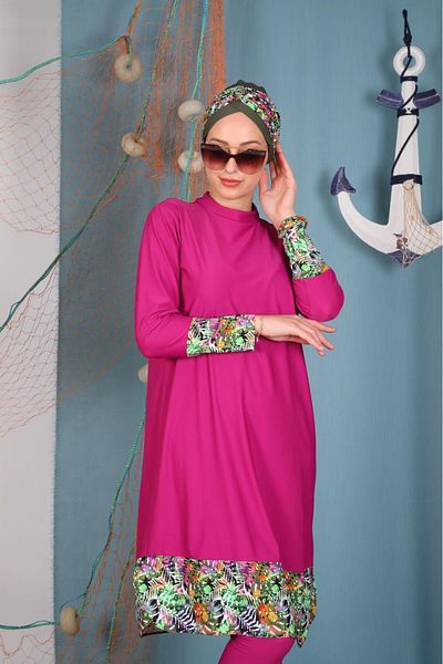 ns tasa Flower Pattern Fuchsia Design Hijab Swimsuit Set
