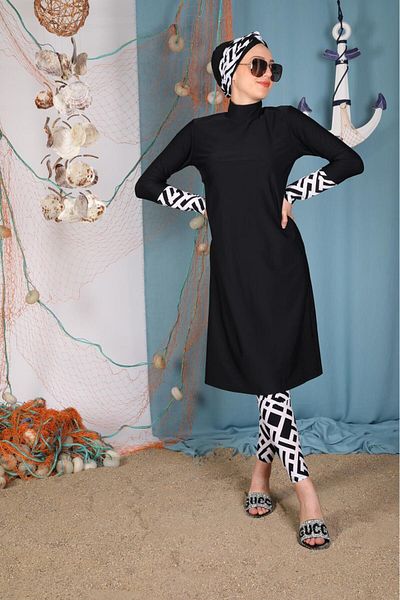 ns tasa Black White Stripe Pattern Lycra Design Hijab Swimsuit Pants
